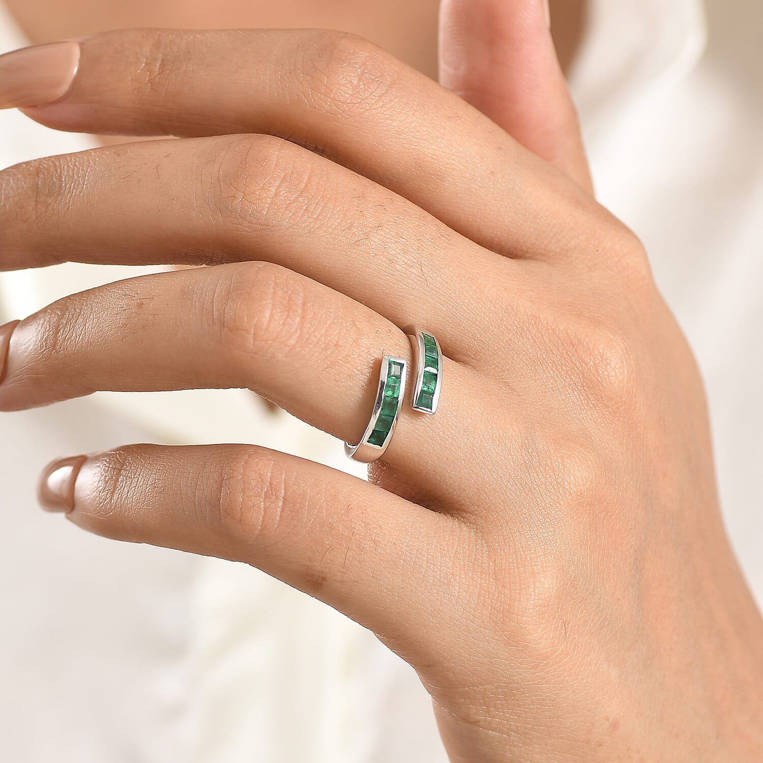 D'Joy - Zambian Emerald Adjustable Bypass Ring in Rhodium Overlay Sterling Silver