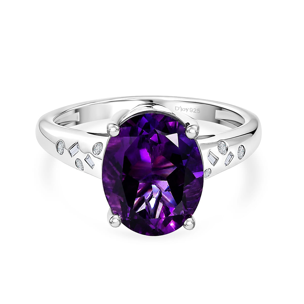 D'Joy - AAA Zambian Amethyst & Natural White Diamond Solitaire Ring in Rhodium Overlay Sterling Silver 4.36 Ct.