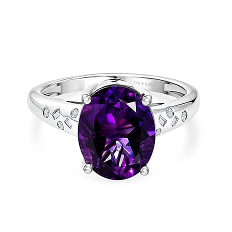 D'Joy - AAA Zambian Amethyst & Natural White Diamond Solitaire Ring in Rhodium Overlay Sterling Silver 4.36 Ct.