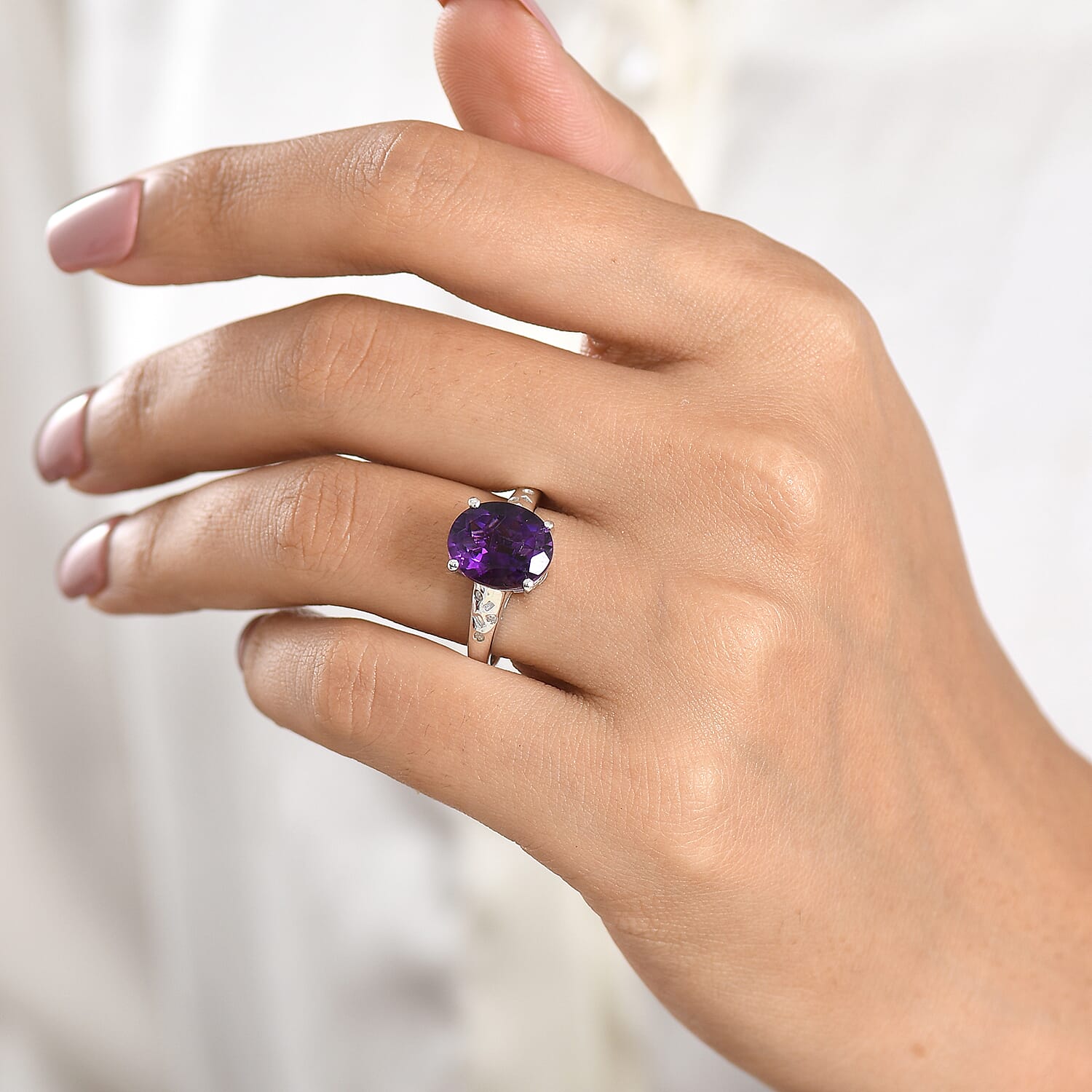 D'Joy - AAA Zambian Amethyst & Natural White Diamond Solitaire Ring in Rhodium Overlay Sterling Silver 4.36 Ct.