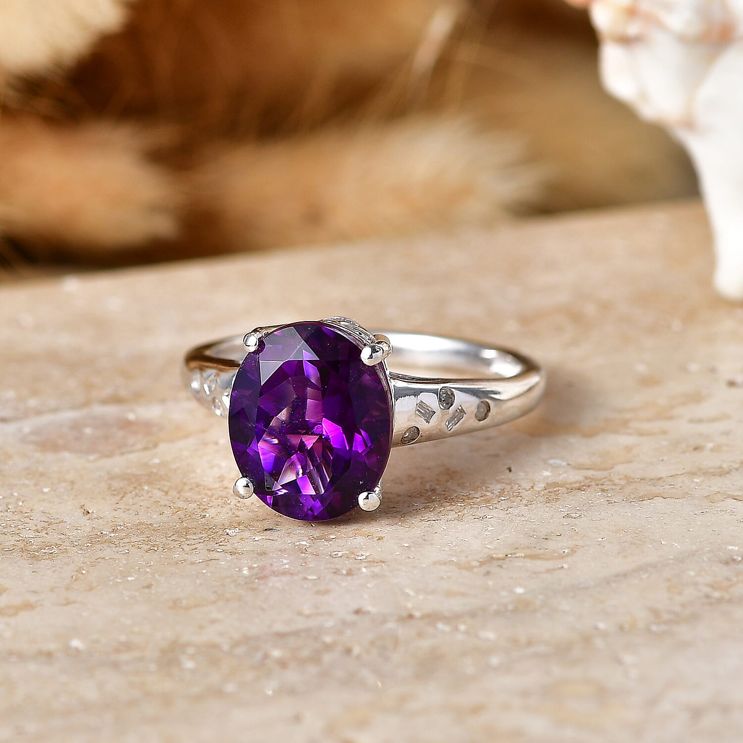 D'Joy - AAA Zambian Amethyst & Natural White Diamond Solitaire Ring in Rhodium Overlay Sterling Silver 4.36 Ct.