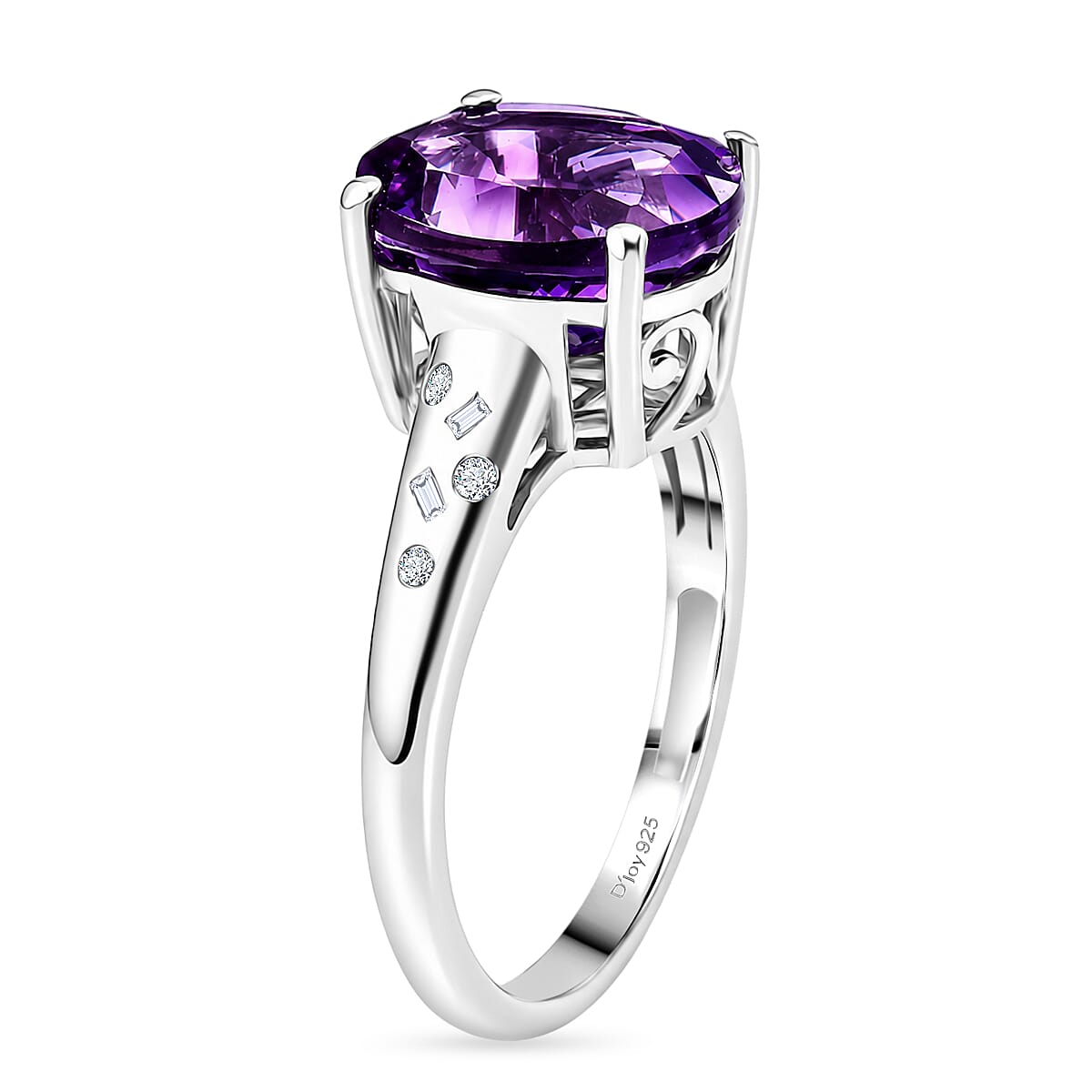 D'Joy - AAA Zambian Amethyst & Natural White Diamond Solitaire Ring in Rhodium Overlay Sterling Silver 4.36 Ct.