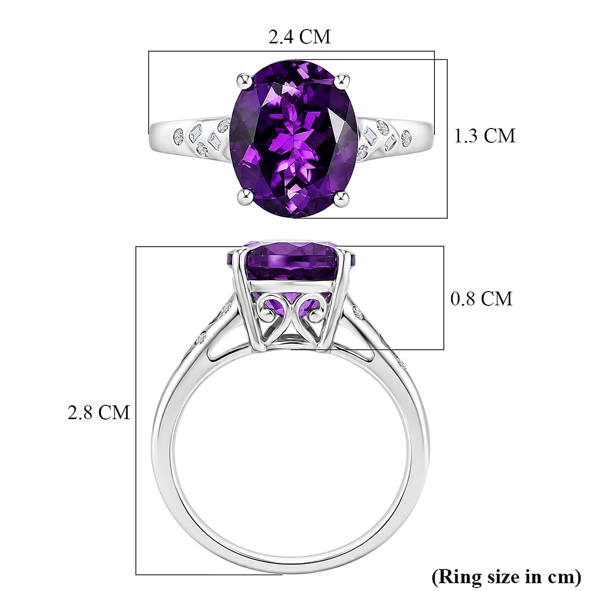 D'Joy - AAA Zambian Amethyst & Natural White Diamond Solitaire Ring in Rhodium Overlay Sterling Silver 4.36 Ct.