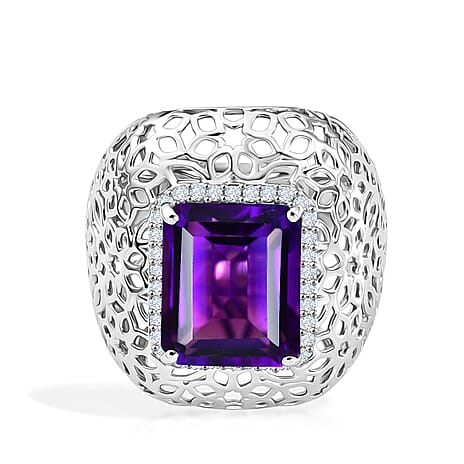 D'Joy - AAA Zambian Amethyst & White Zircon Fillegree Ring in Rhodium Overlay Sterling Silver 6.24 Ct.