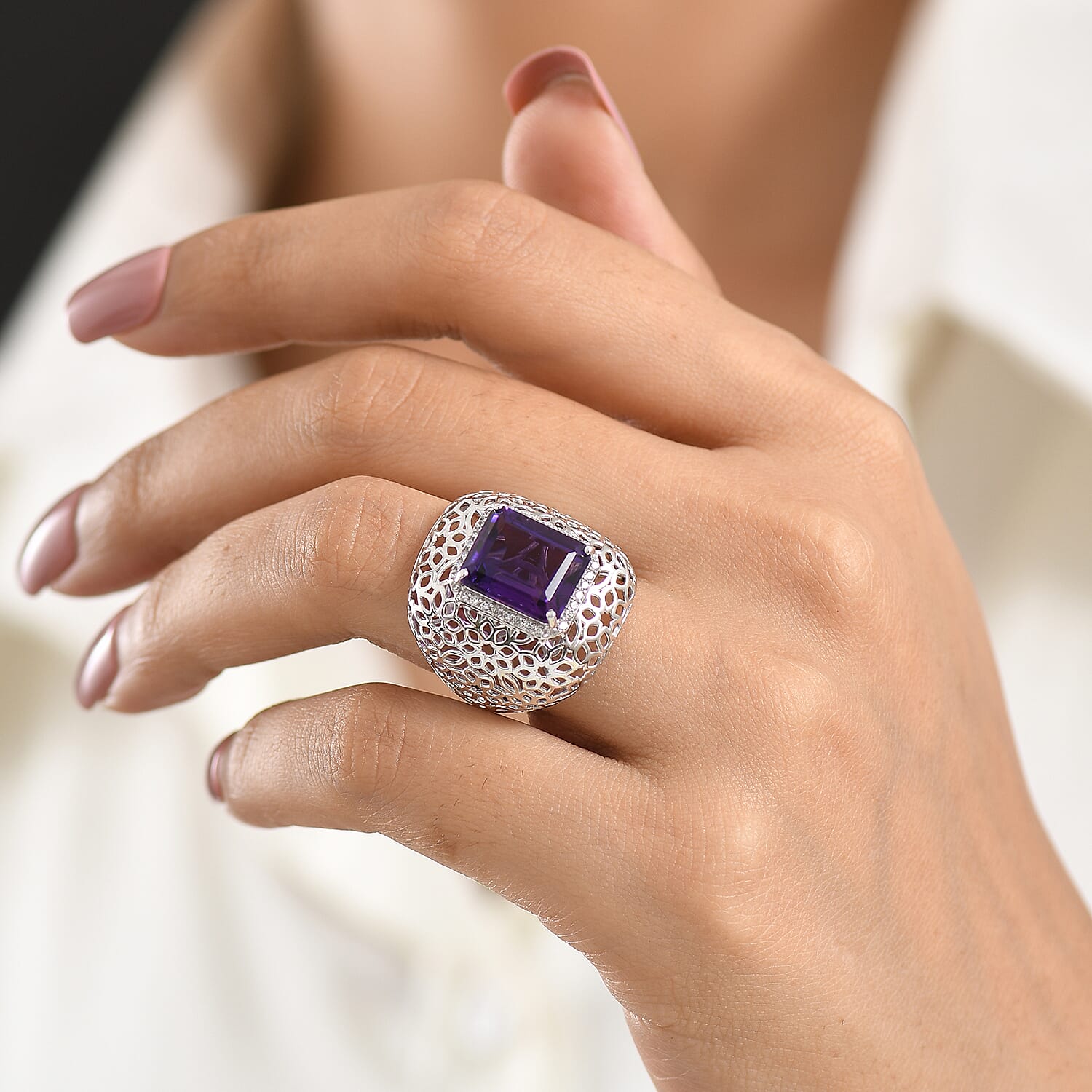 D'Joy - AAA Zambian Amethyst & White Zircon Fillegree Ring in Rhodium Overlay Sterling Silver 6.24 Ct.