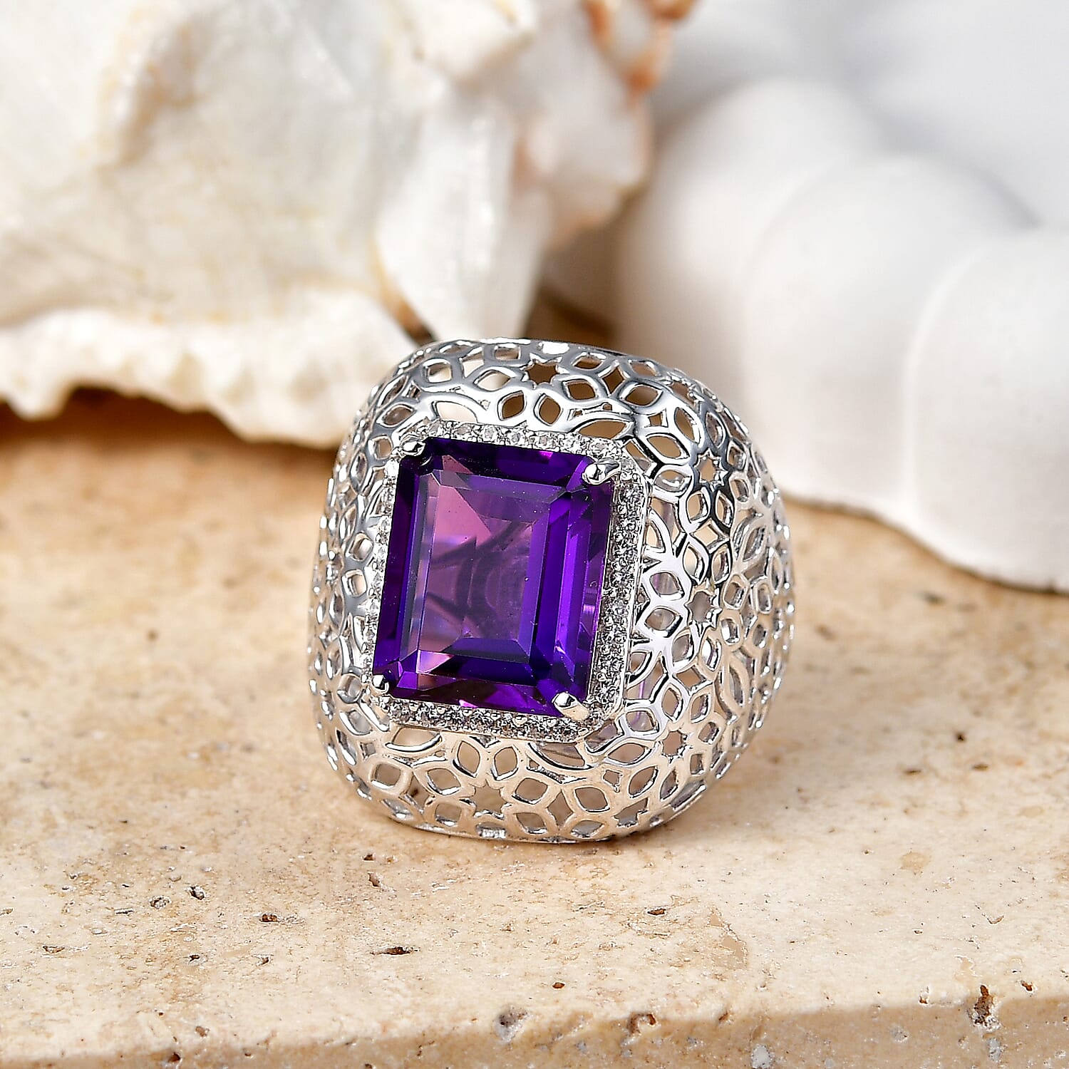D'Joy - AAA Zambian Amethyst & White Zircon Fillegree Ring in Rhodium Overlay Sterling Silver 6.24 Ct.