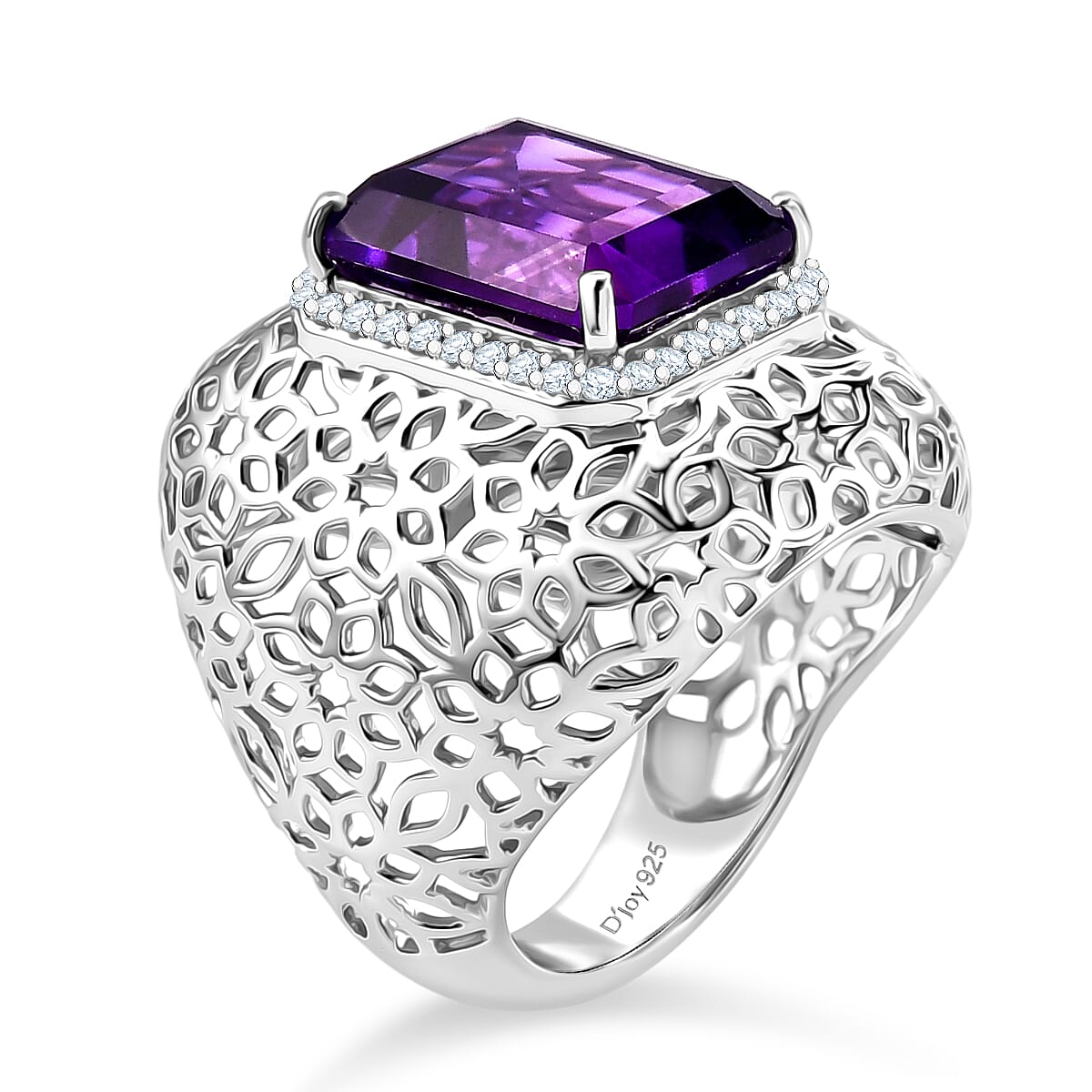 D'Joy - AAA Zambian Amethyst & White Zircon Fillegree Ring in Rhodium Overlay Sterling Silver 6.24 Ct.