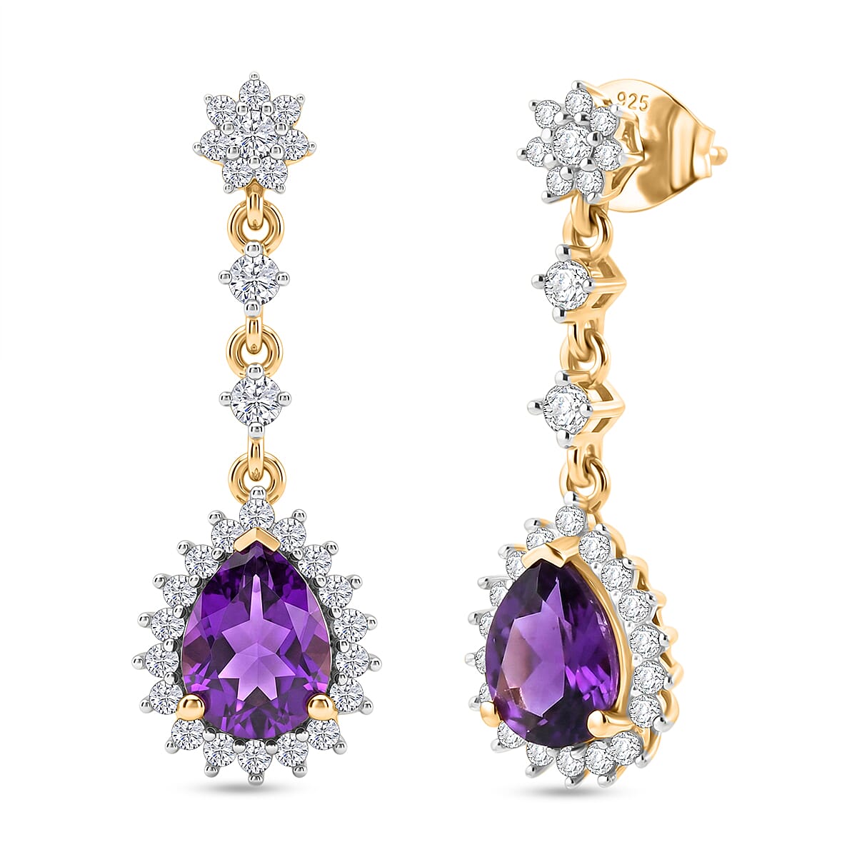 D'Joy - AAA Zambian Amethyst & White Zircon Dangling Earring with Push Post in Yellow Gold Plated Sterling Silver 2.90 Ct.