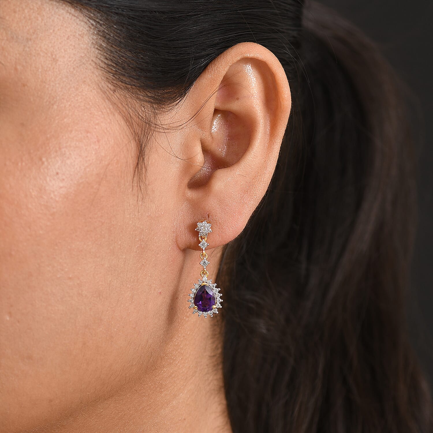 D'Joy - AAA Zambian Amethyst & White Zircon Dangling Earring with Push Post in Yellow Gold Plated Sterling Silver 2.90 Ct.