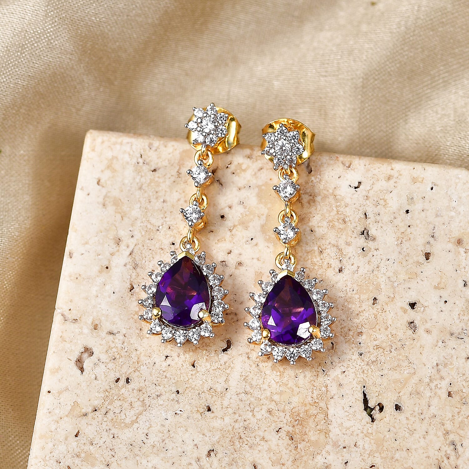 D'Joy - AAA Zambian Amethyst & White Zircon Dangling Earring with Push Post in Yellow Gold Plated Sterling Silver 2.90 Ct.