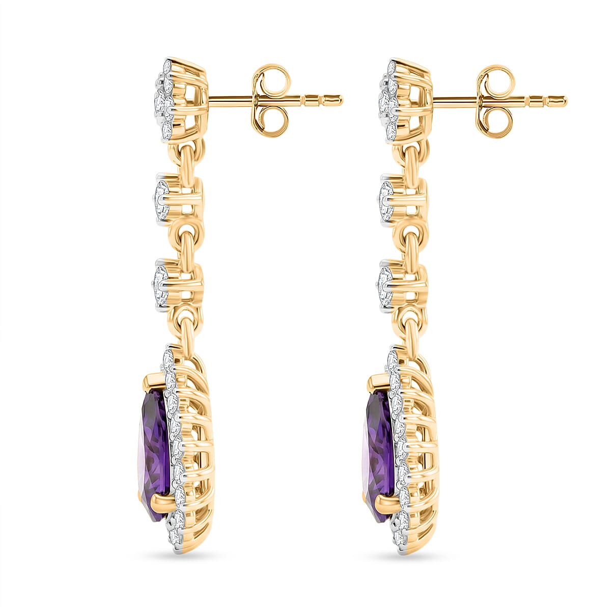 D'Joy - AAA Zambian Amethyst & White Zircon Dangling Earring with Push Post in Yellow Gold Plated Sterling Silver 2.90 Ct.