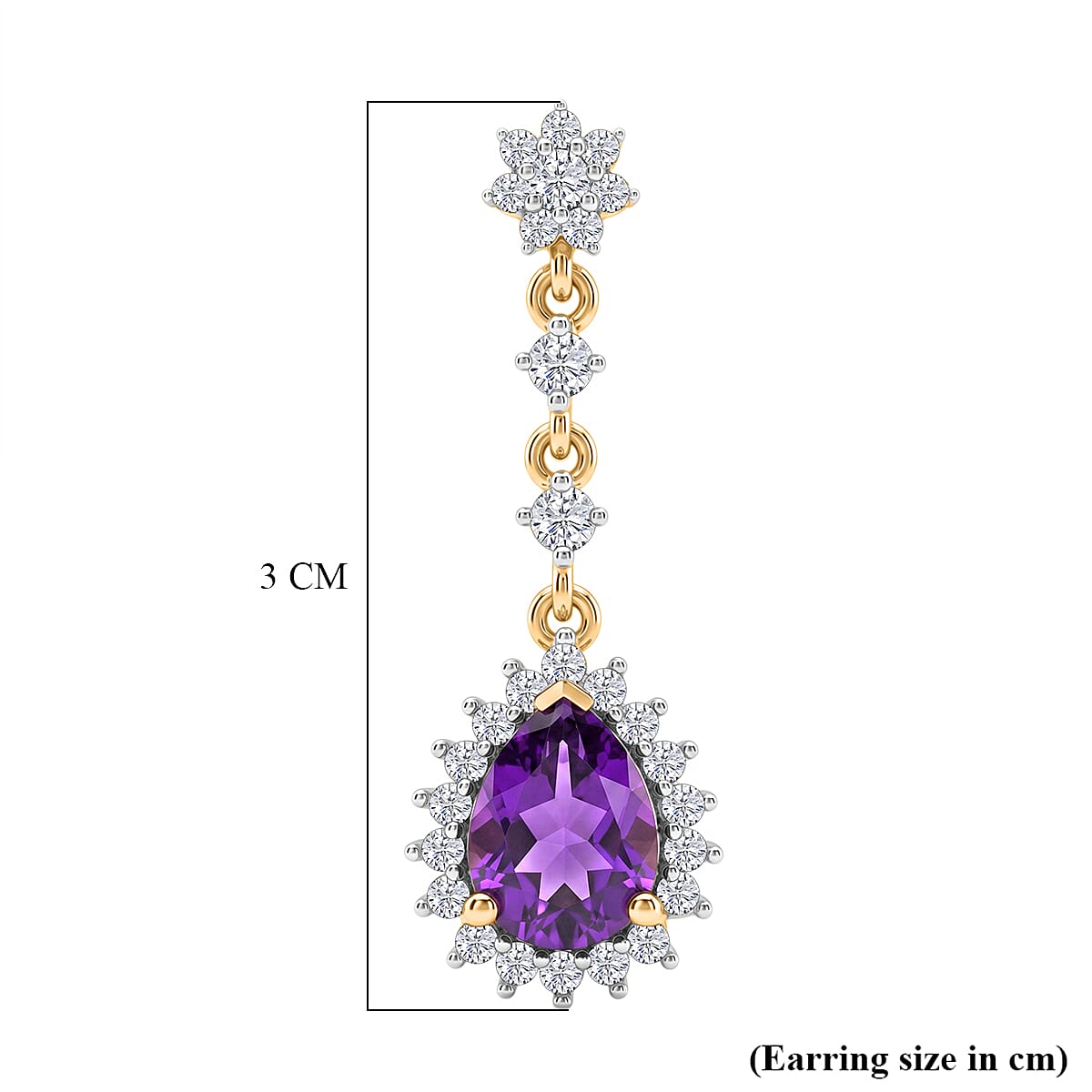 D'Joy - AAA Zambian Amethyst & White Zircon Dangling Earring with Push Post in Yellow Gold Plated Sterling Silver 2.90 Ct.