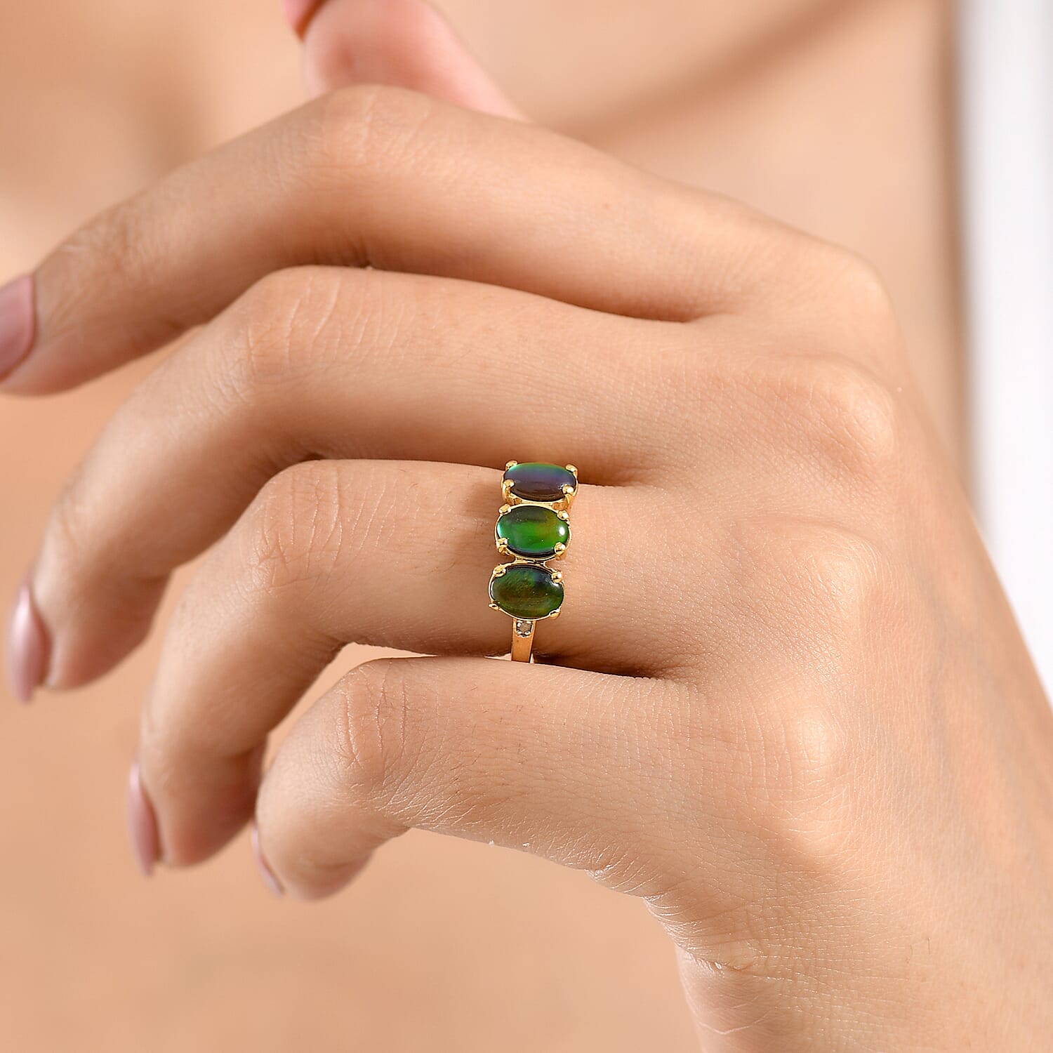 D'Joy - Ammolite & Natural White Diamond Ring in 18K Vermeil Yellow Gold Plated Sterling Silver 2.60 Ct.