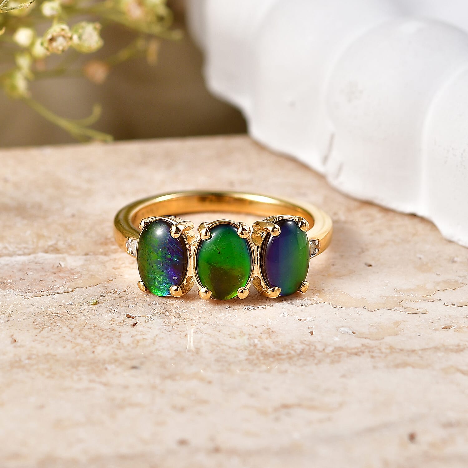 D'Joy - Ammolite & Natural White Diamond Ring in 18K Vermeil Yellow Gold Plated Sterling Silver 2.60 Ct.