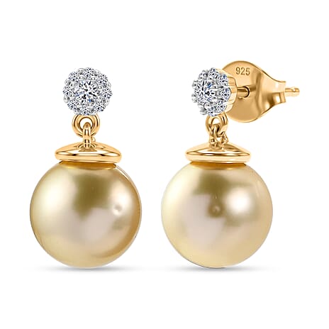 Luxuriant - Golden South Sea Pearl & Lab Grown Diamond (SI-G-H) Dangling Earring with Push Post in 18K Vermeil Yellow Gold Plated Sterling Silver 12.40 Ct.