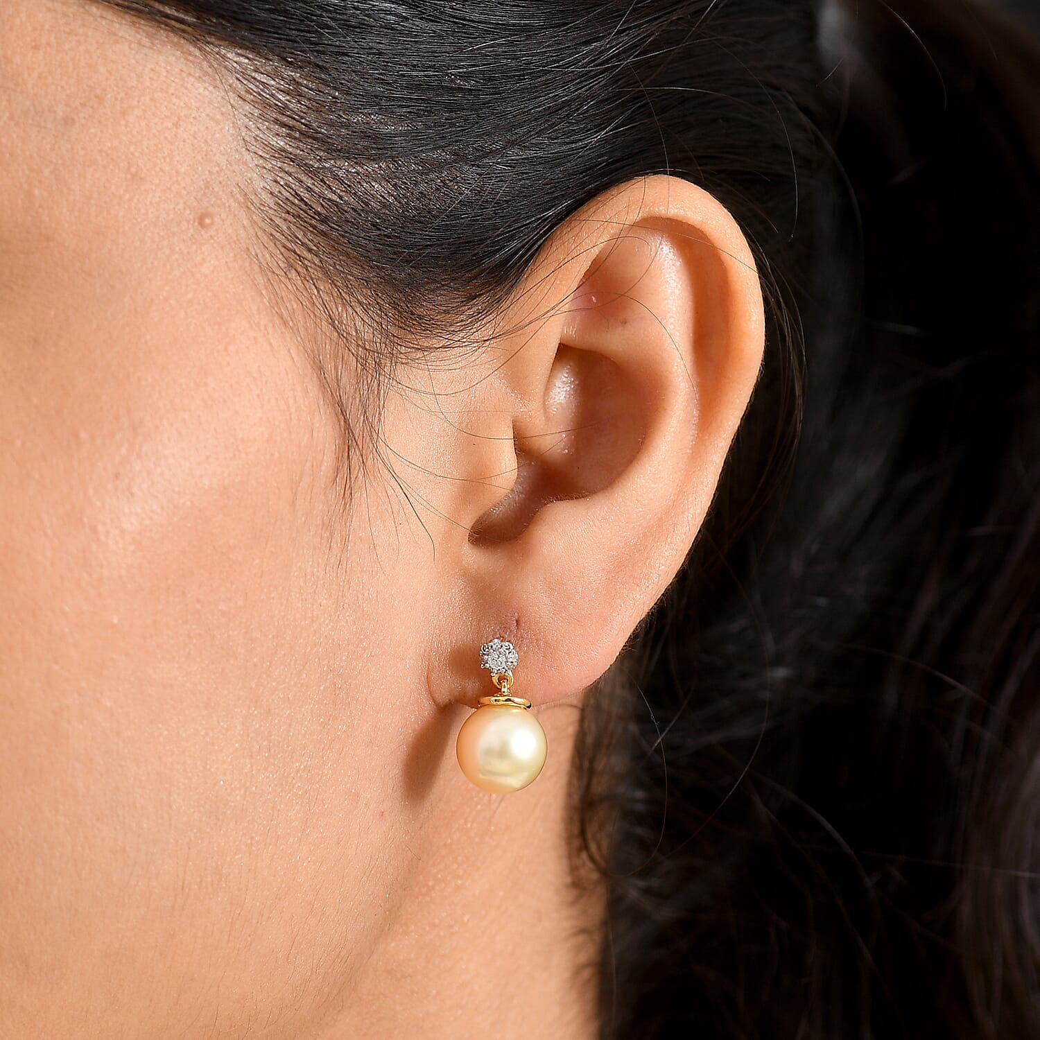 Luxuriant - Golden South Sea Pearl & Lab Grown Diamond (SI-G-H) Dangling Earring with Push Post in 18K Vermeil Yellow Gold Plated Sterling Silver 12.40 Ct.
