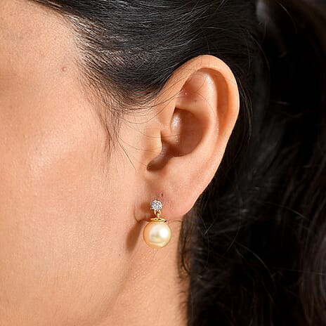 Luxuriant - AAA Golden South Sea Pearl (9-11mm) & Lab Grown Diamond (SI-G-H) Dangling Earring with Push Post in 18K Vermeil Yellow Gold Plated Sterling Silver