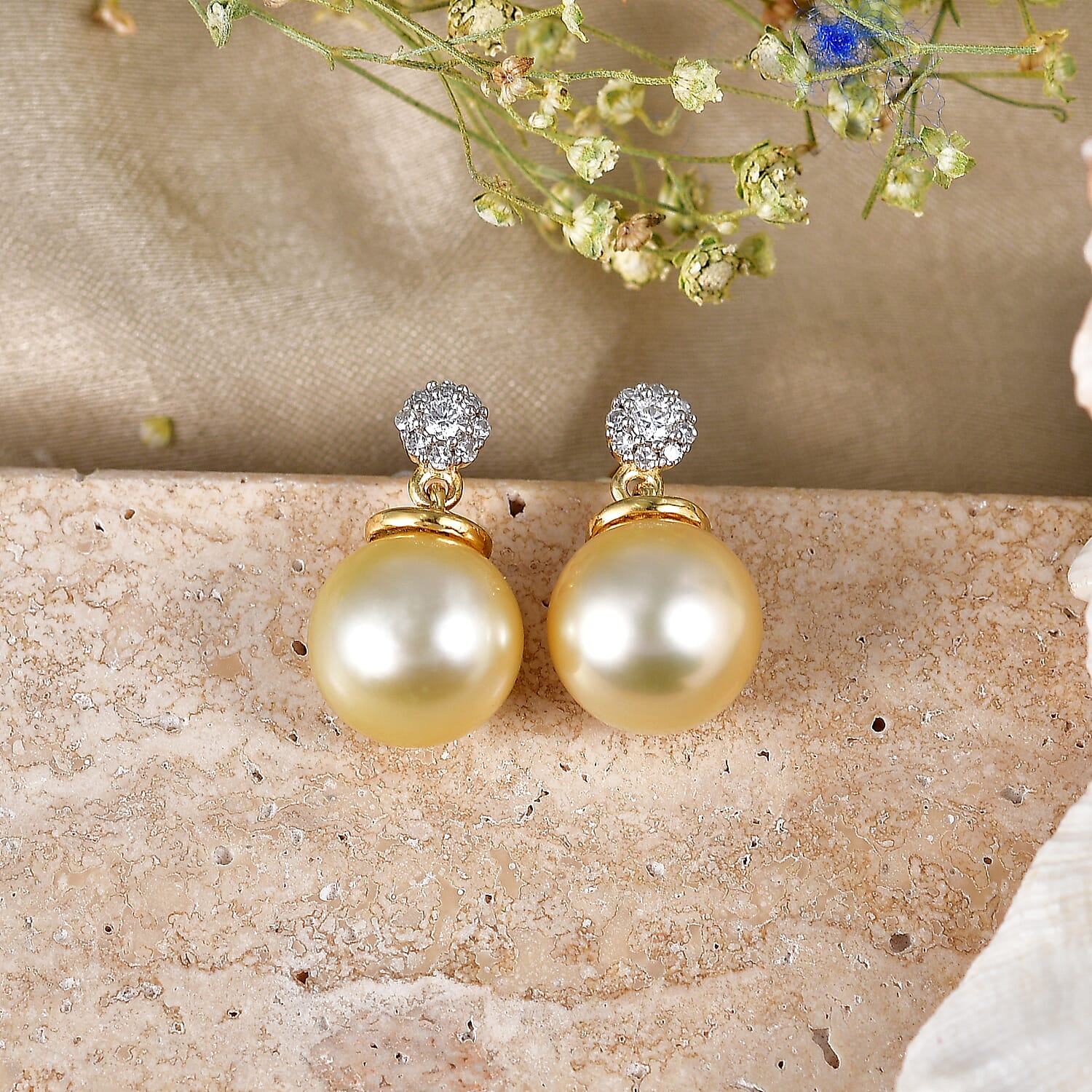 Luxuriant - Golden South Sea Pearl & Lab Grown Diamond (SI-G-H) Dangling Earring with Push Post in 18K Vermeil Yellow Gold Plated Sterling Silver 12.40 Ct.