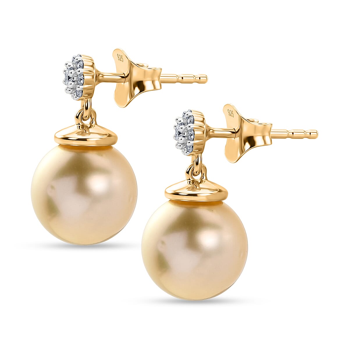 Luxuriant - Golden South Sea Pearl & Lab Grown Diamond (SI-G-H) Dangling Earring with Push Post in 18K Vermeil Yellow Gold Plated Sterling Silver 12.40 Ct.