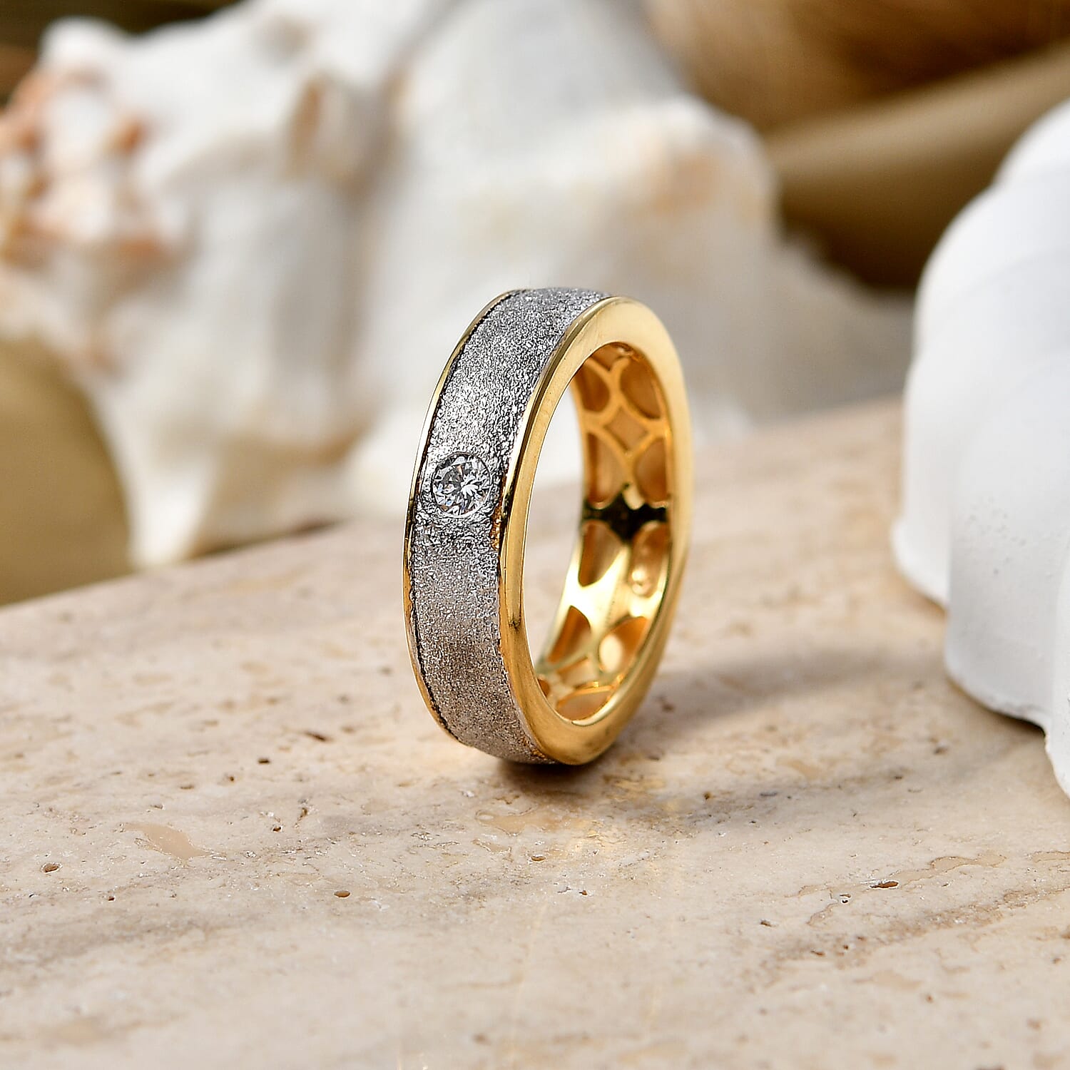Luxuriant - Lab Grown Diamond (SI-G-H) Band Ring in Rhodium Overlay & 18K Vermeil Yellow Gold Plated Sterling Silver