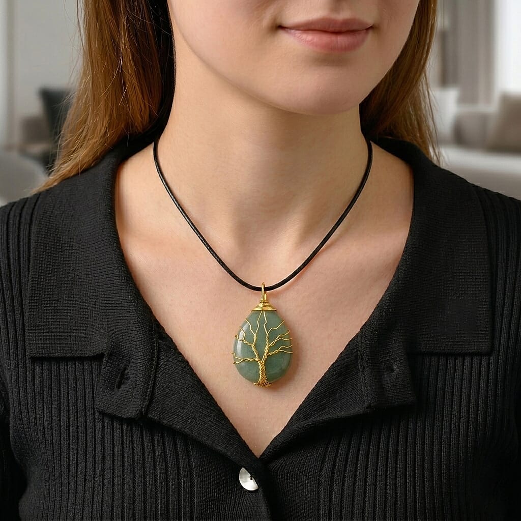 Green Aventurine Tree of Life Adjustable Drop Necklace (Size - 17.5-2 Ext) 45.00 Ct.