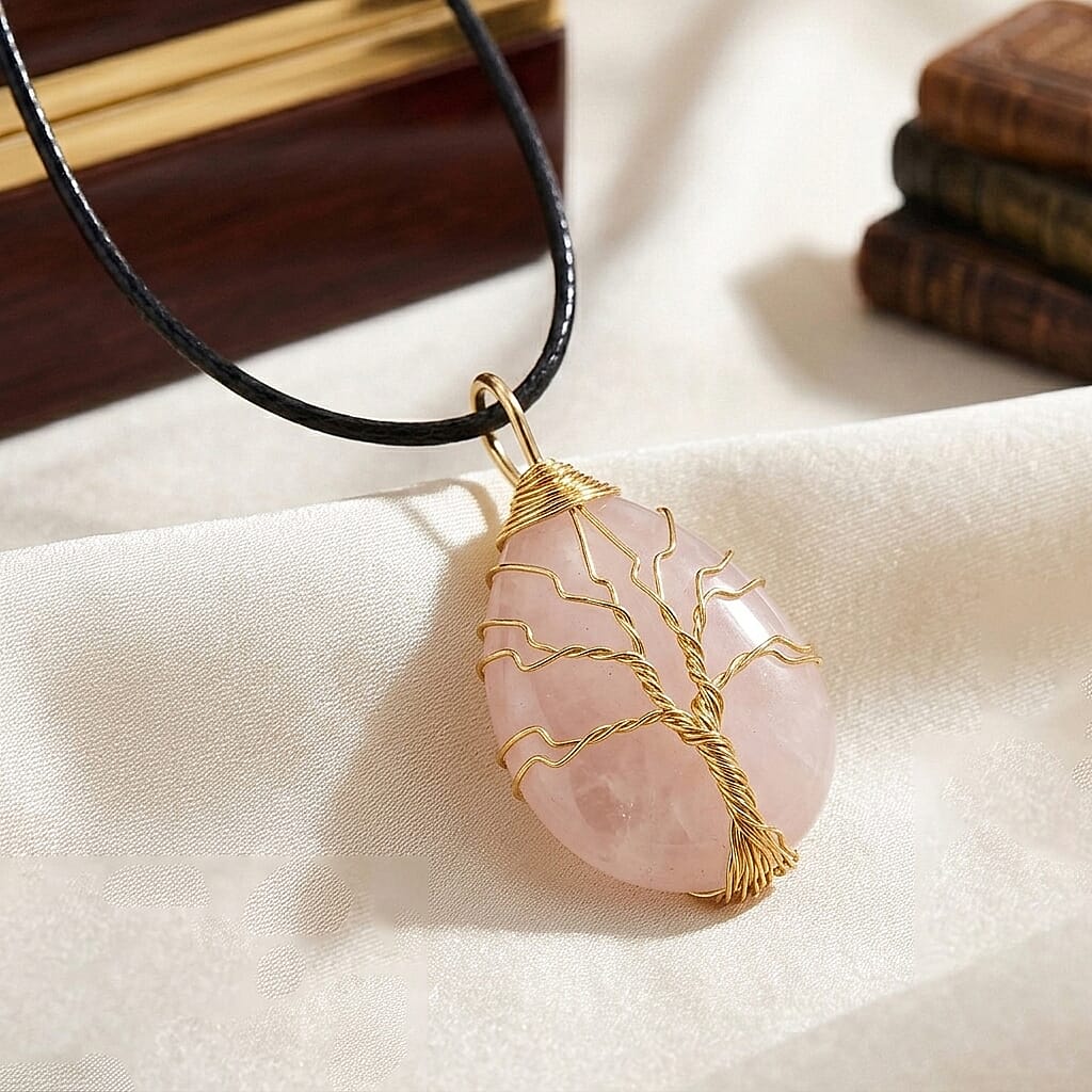 Rose Quartz Tree of Life Adjustable Drop Necklace (Size - 17.5-2 Ext) 45.00 Ct.