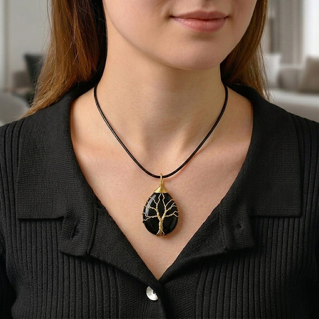 Black Agate Tree of Life Adjustable Drop Necklace (Size - 17.5-2 Ext) 45.00 Ct.