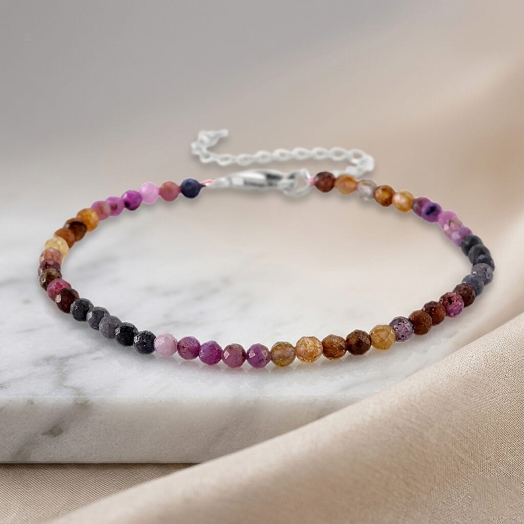 D'Joy - Multi Sapphire Adjustable Beads Bracelet (Size - 7-2 Ext) in Rhodium Overlay Sterling Silver 15.00 Ct.