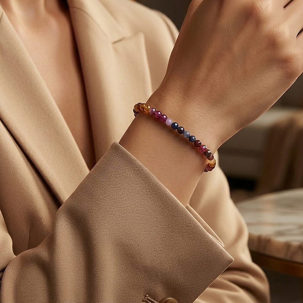 D'Joy - Multi Sapphire Adjustable Beads Bracelet (Size - 7-2 Ext) in Rhodium Overlay Sterling Silver 15.00 Ct.