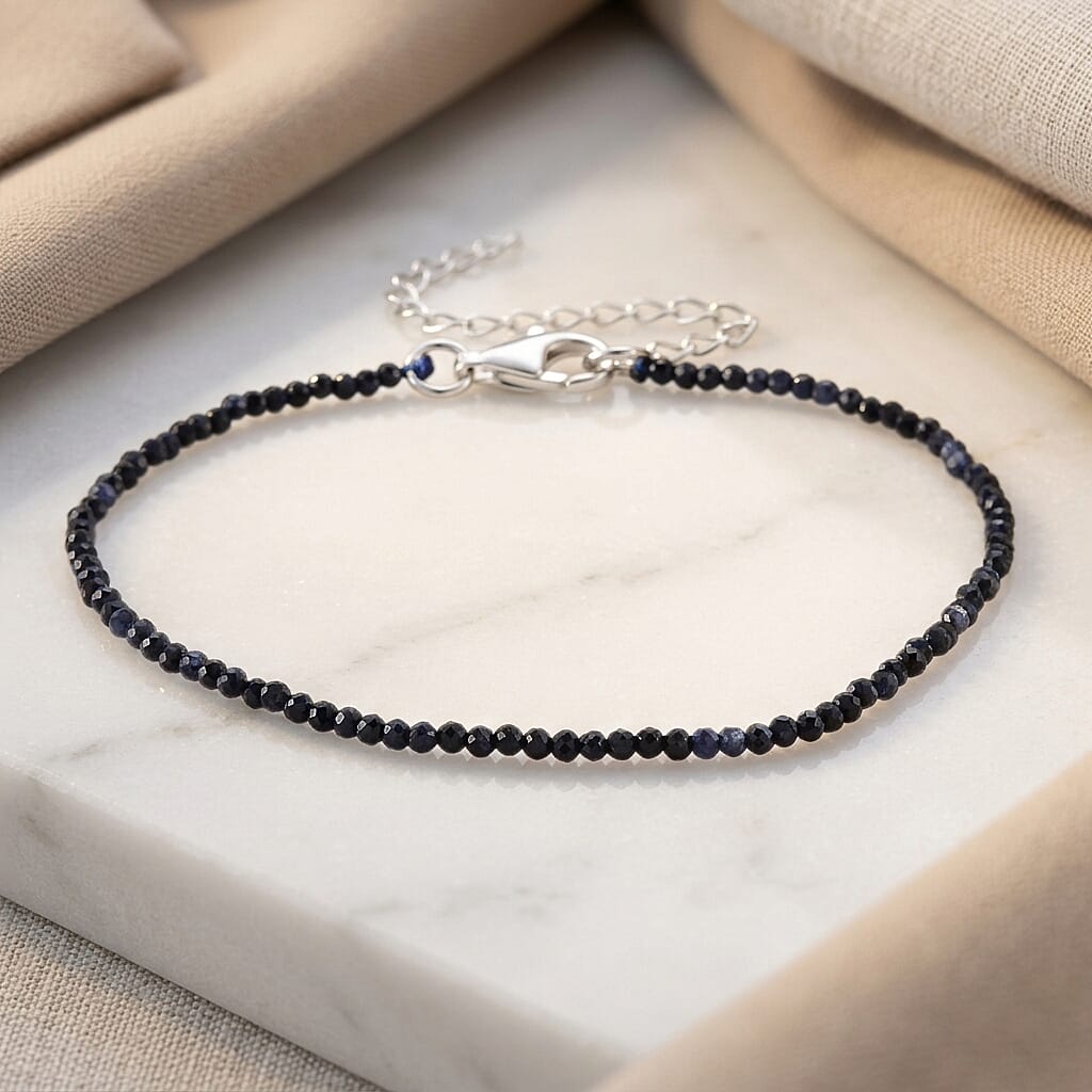 D'Joy - Ceylon Sapphire Adjustable Beads Bracelet (Size - 7-2 Ext) in Rhodium Overlay Sterling Silver 4.00 Ct.