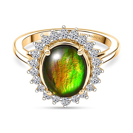 Luxuriant - Ammolite & Lab Grown Diamond (SI-G-H) Halo Ring in 18K Vermeil Yellow Gold Plated Sterling Silver 2.60 Ct.