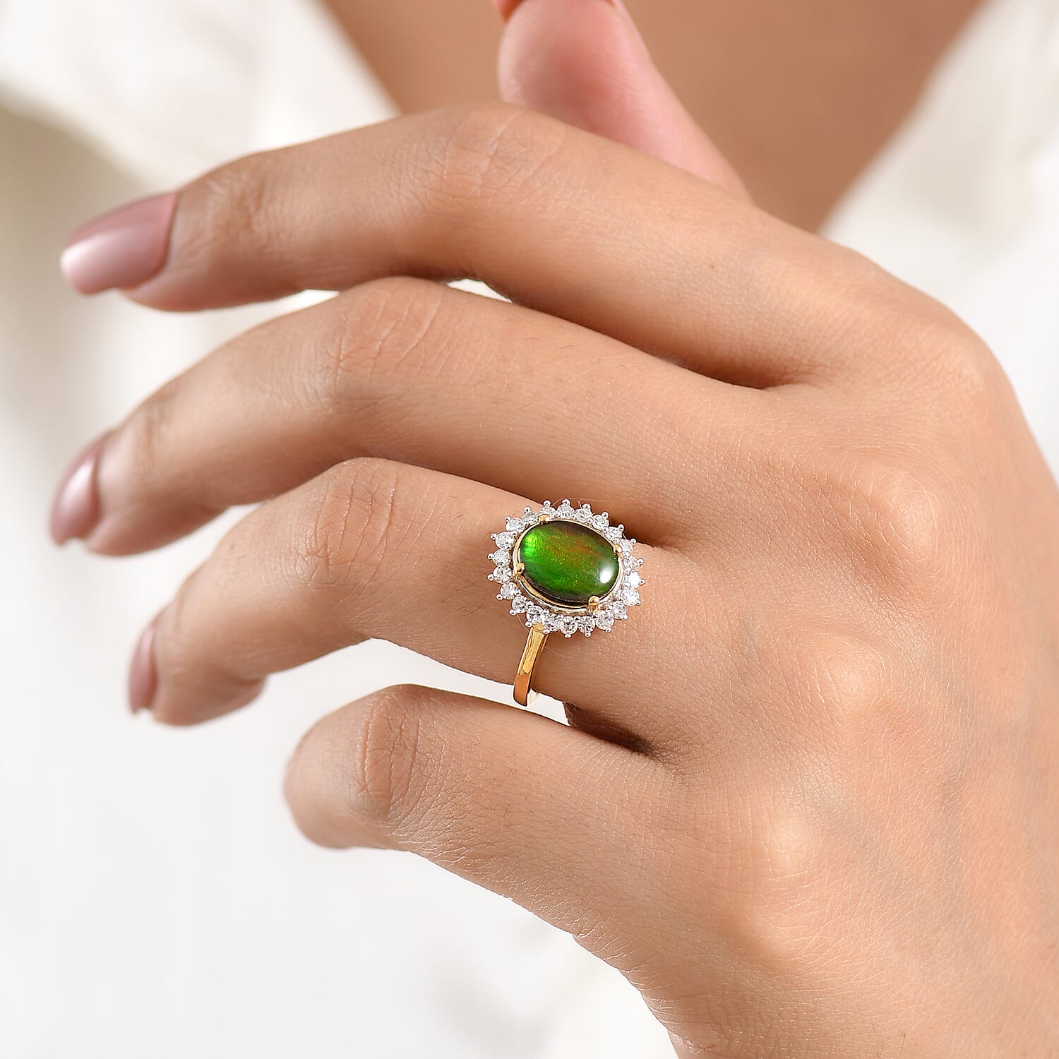 Luxuriant - Ammolite & Lab Grown Diamond (SI-G-H) Halo Ring in 18K Vermeil Yellow Gold Plated Sterling Silver 2.60 Ct.