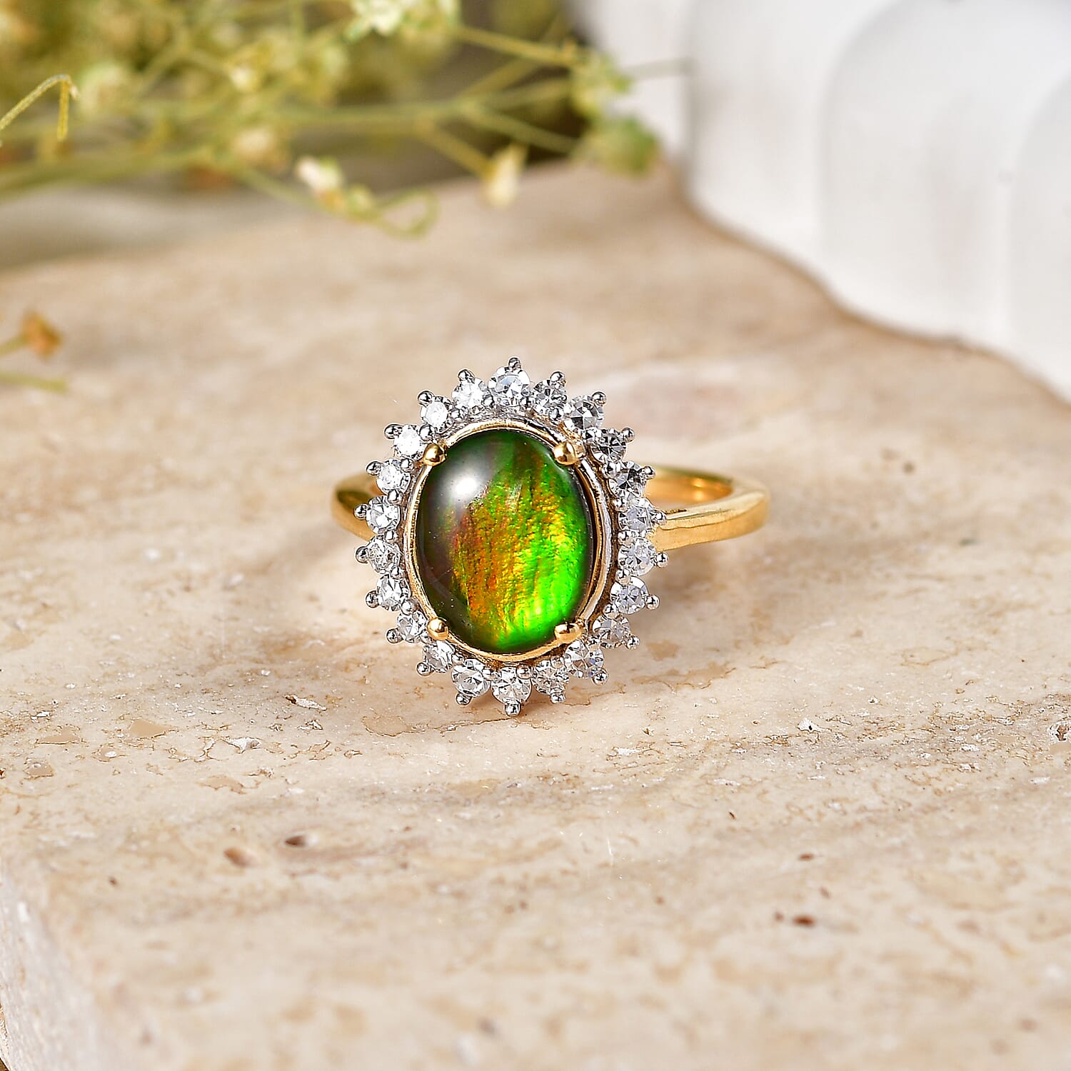 Luxuriant - Ammolite & Lab Grown Diamond (SI-G-H) Halo Ring in 18K Vermeil Yellow Gold Plated Sterling Silver 2.60 Ct.