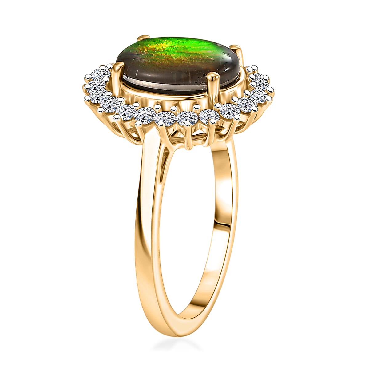 Luxuriant - Ammolite & Lab Grown Diamond (SI-G-H) Halo Ring in 18K Vermeil Yellow Gold Plated Sterling Silver 2.60 Ct.