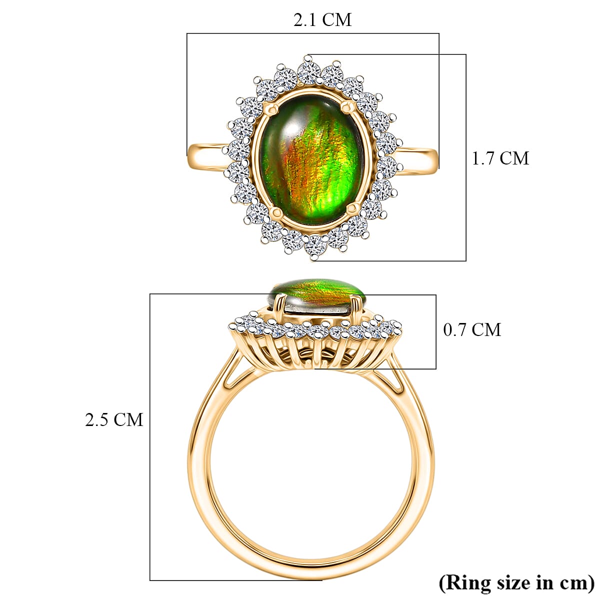 Luxuriant - Ammolite & Lab Grown Diamond (SI-G-H) Halo Ring in 18K Vermeil Yellow Gold Plated Sterling Silver 2.60 Ct.