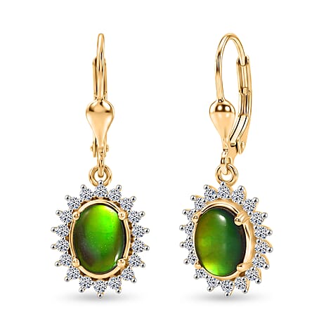 Luxuriant - Ammolite & Lab Grown Diamond (SI-G-H) Halo Earring with Lever Back in 18K Vermeil Yellow Gold Plated Sterling Silver 2.84 Ct.