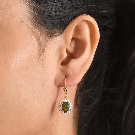 Luxuriant - Ammolite & Lab Grown Diamond (SI-G-H) Halo Earring with Lever Back in 18K Vermeil Yellow Gold Plated Sterling Silver 2.84 Ct.
