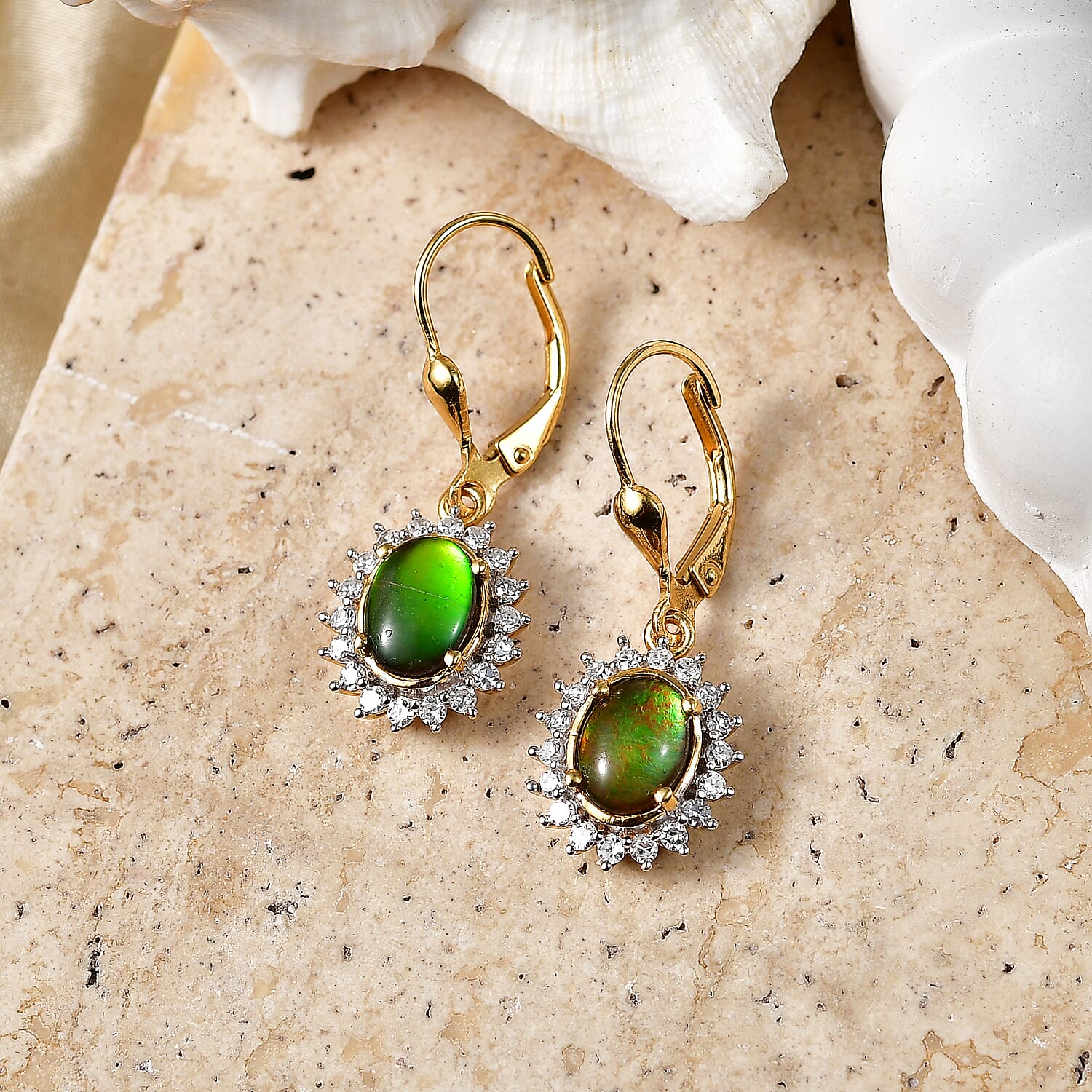 Luxuriant - Ammolite & Lab Grown Diamond (SI-G-H) Halo Earring with Lever Back in 18K Vermeil Yellow Gold Plated Sterling Silver 2.84 Ct.