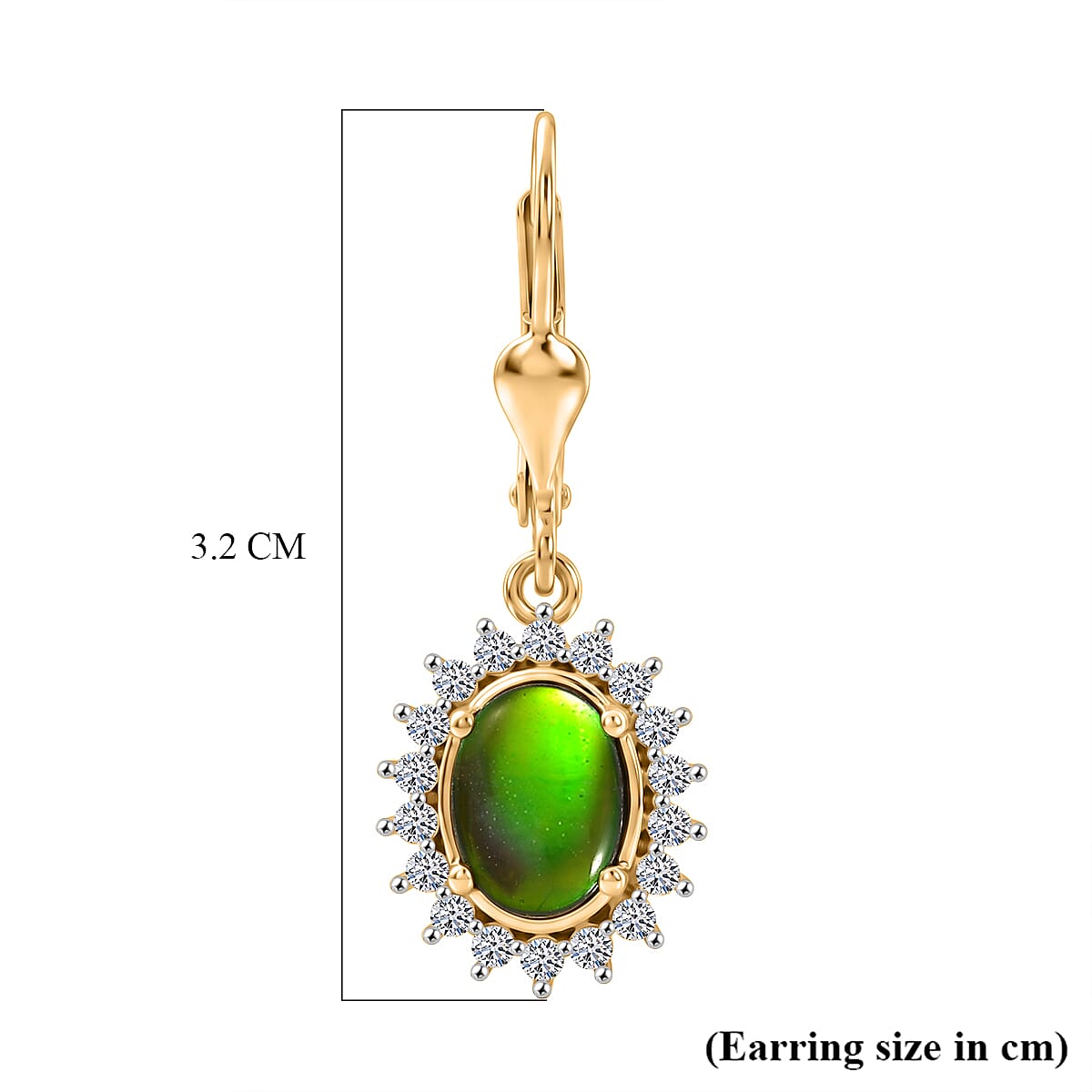 Luxuriant - Ammolite & Lab Grown Diamond (SI-G-H) Halo Earring with Lever Back in 18K Vermeil Yellow Gold Plated Sterling Silver 2.84 Ct.