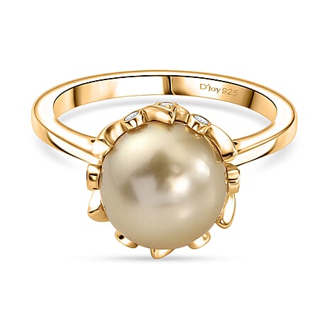 Royal Bali Collection - D'Joy Golden South Sea Pearl & White Zircon Ring in 18K Vermeil Yellow Gold Plated Sterling Silver 8.90 Ct.