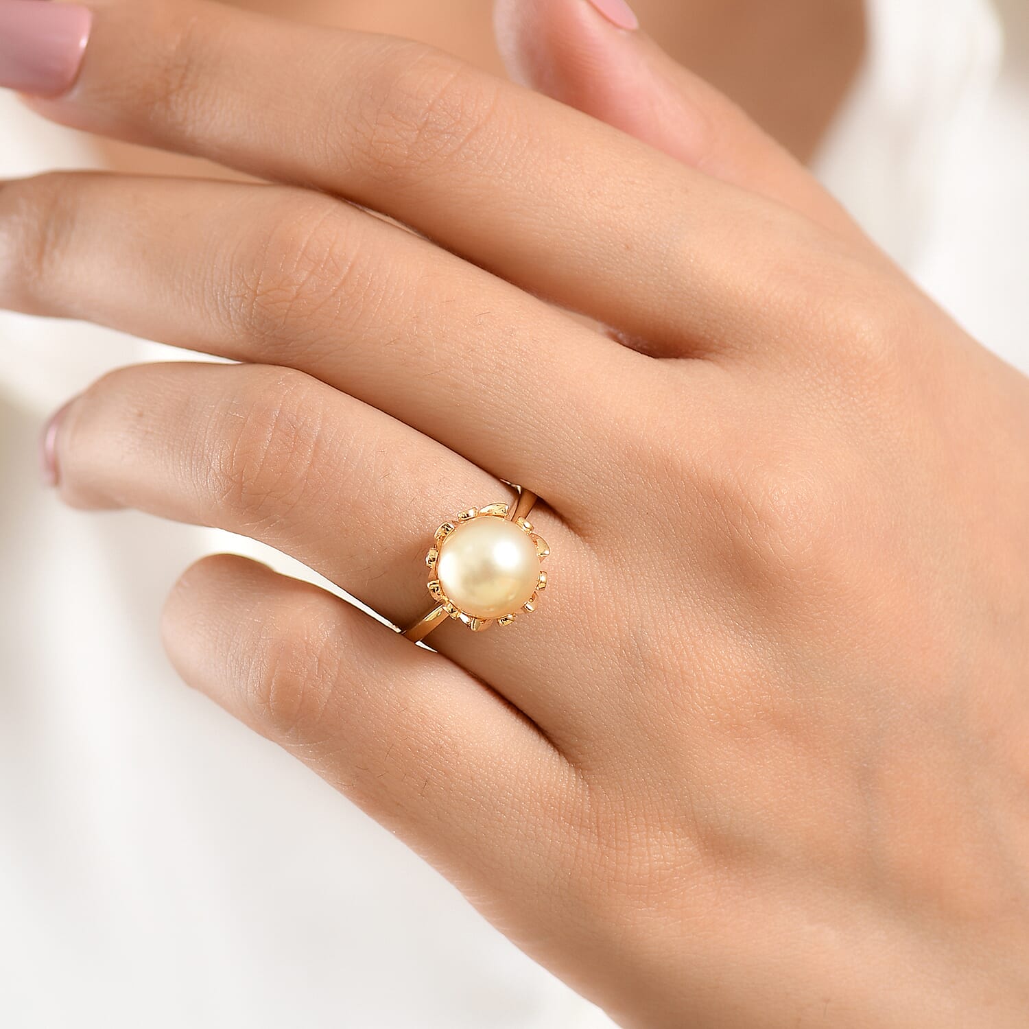 Royal Bali Collection - D'Joy Golden South Sea Pearl & White Zircon Ring in 18K Vermeil Yellow Gold Plated Sterling Silver 8.90 Ct.