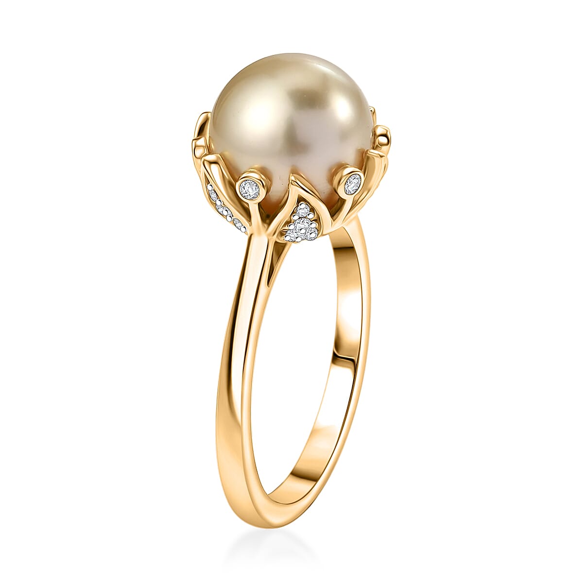 Royal Bali Collection - D'Joy Golden South Sea Pearl & White Zircon Ring in 18K Vermeil Yellow Gold Plated Sterling Silver 8.90 Ct.