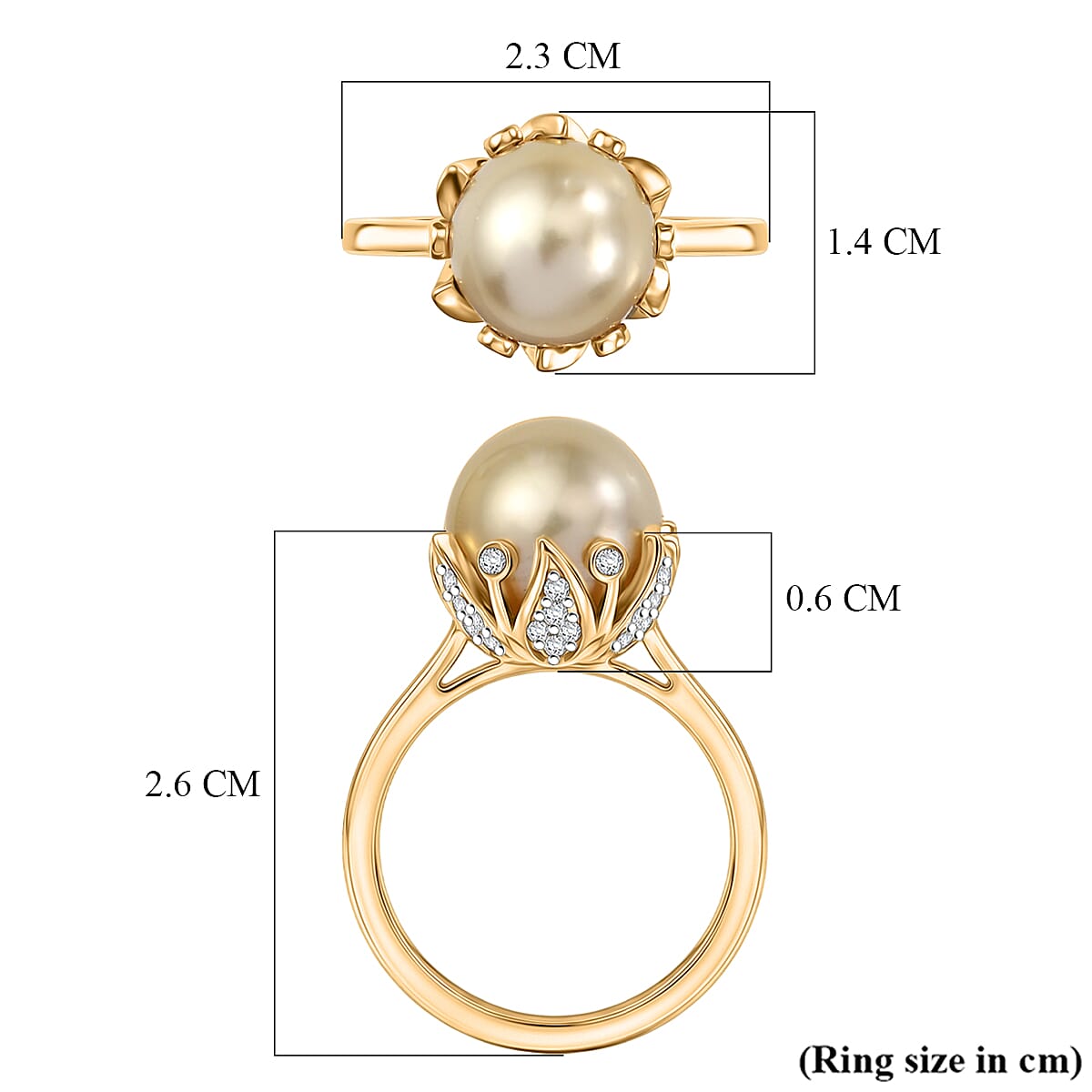 Royal Bali Collection - D'Joy Golden South Sea Pearl & White Zircon Ring in 18K Vermeil Yellow Gold Plated Sterling Silver 8.90 Ct.