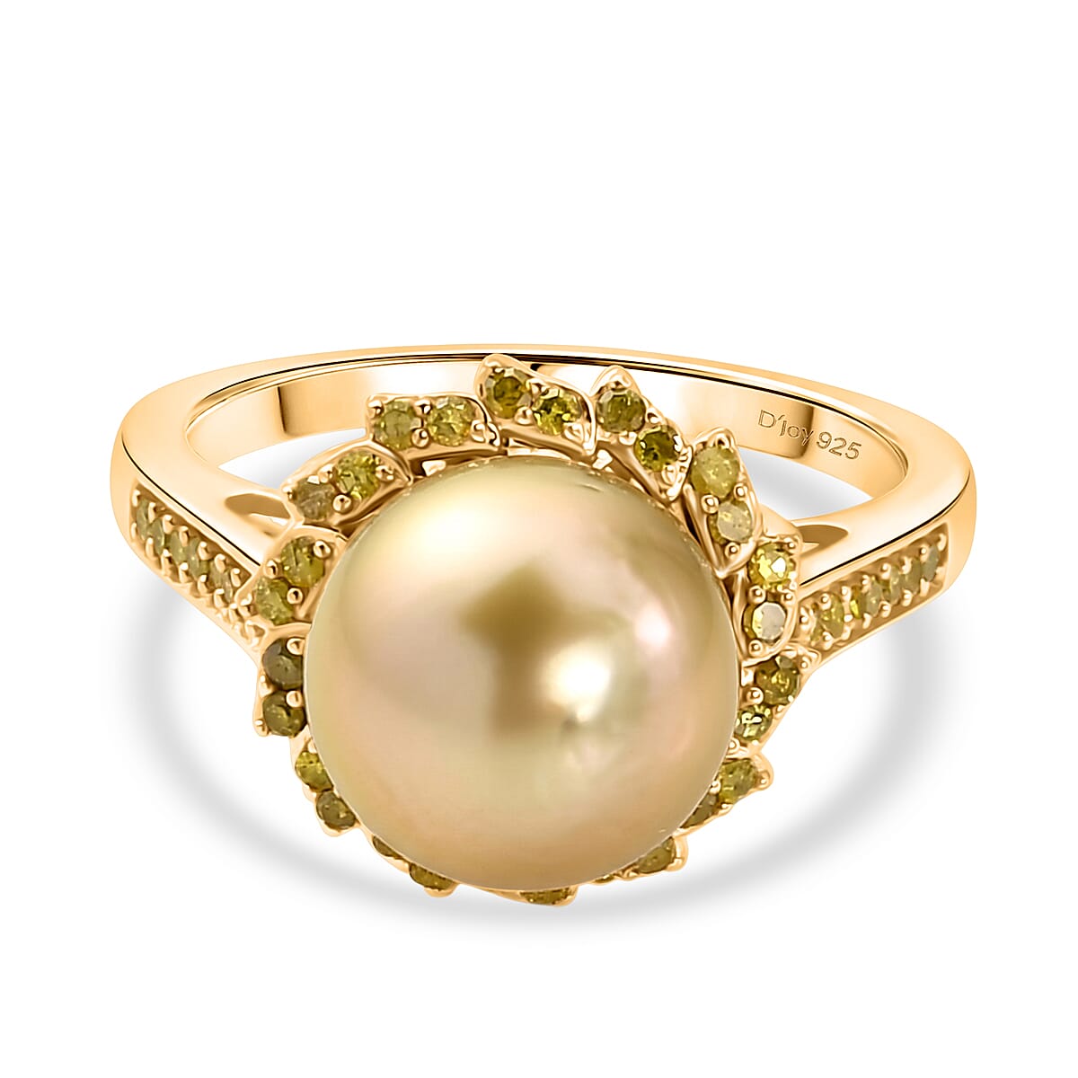 Royal Bali Collection - D'Joy Golden South Sea Pearl & Natural Yellow Diamond Ring in 18K Vermeil Yellow Gold Plated Sterling Silver 8.63 Ct.