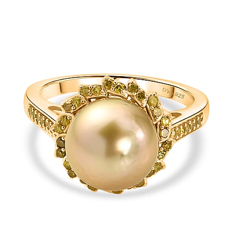 Royal Bali Collection - D'Joy Golden South Sea Pearl & Natural Yellow Diamond Ring in 18K Vermeil Yellow Gold Plated Sterling Silver 8.63 Ct.