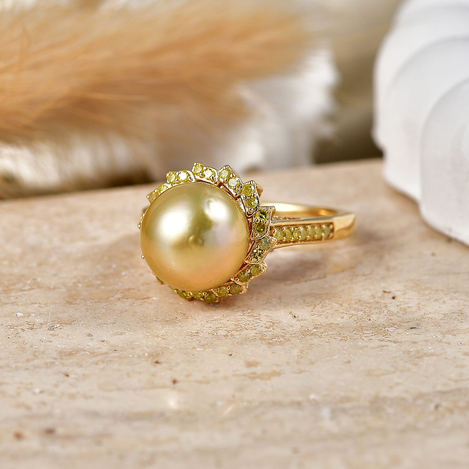 Royal Bali Collection - D'Joy Golden South Sea Pearl & Natural Yellow Diamond Ring in 18K Vermeil Yellow Gold Plated Sterling Silver 8.63 Ct.