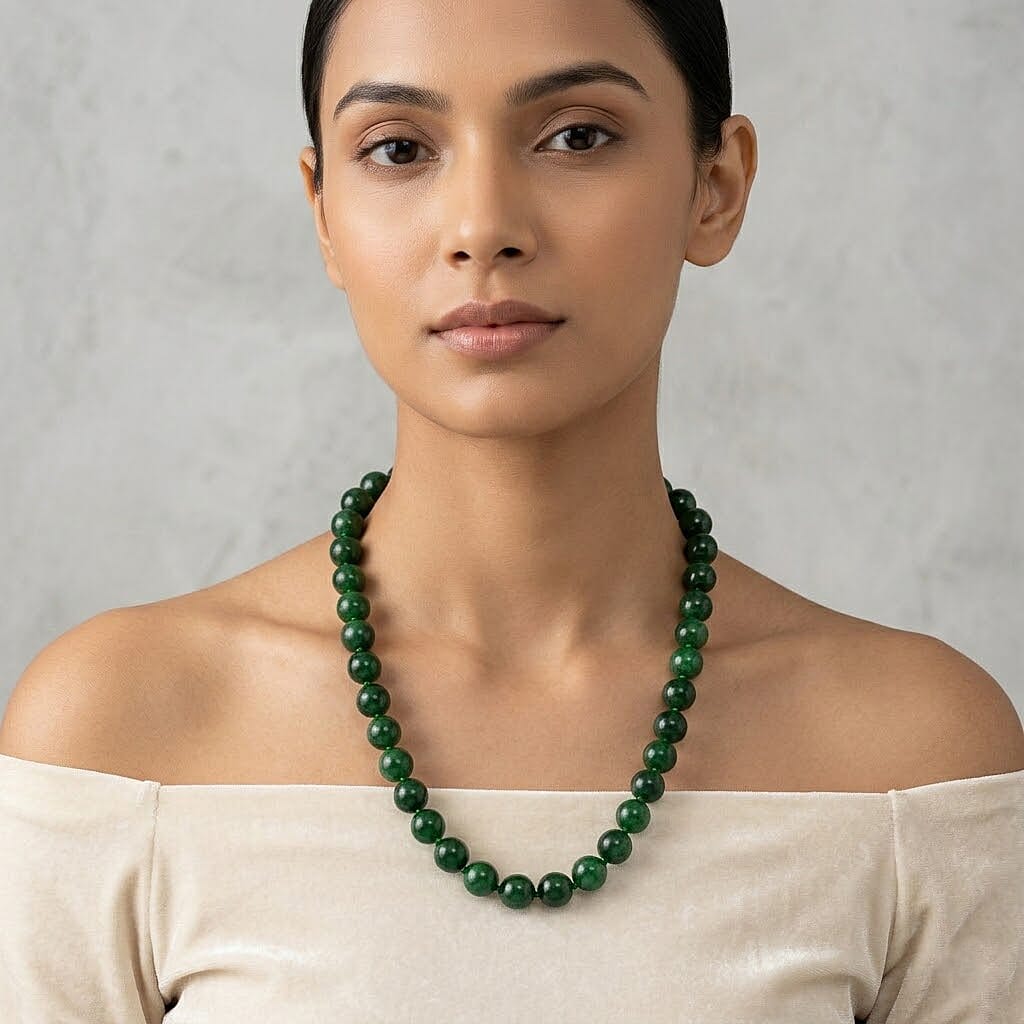 D'Joy - Green Jade Beads Necklace (Size - 20) with Magnetic Clasp in Rhodium Overlay Sterling Silver 970.00 Ct.