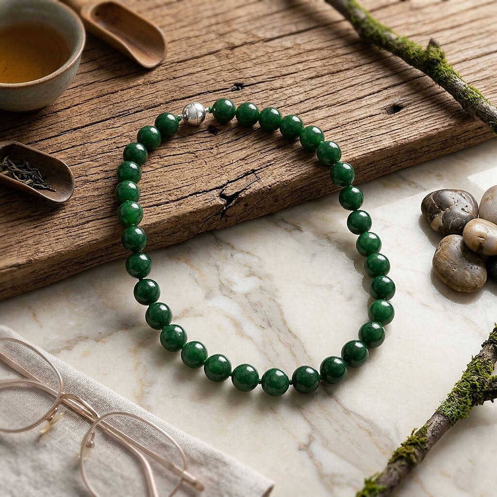 D'Joy - Green Jade Beads Necklace (Size - 20) with Magnetic Clasp in Rhodium Overlay Sterling Silver 970.00 Ct.