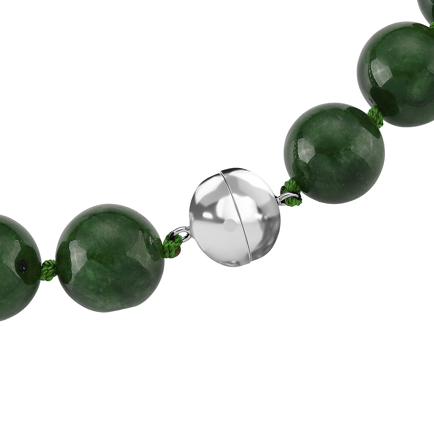 D'Joy - Green Jade Beads Necklace (Size - 20) with Magnetic Clasp in Rhodium Overlay Sterling Silver 970.00 Ct.