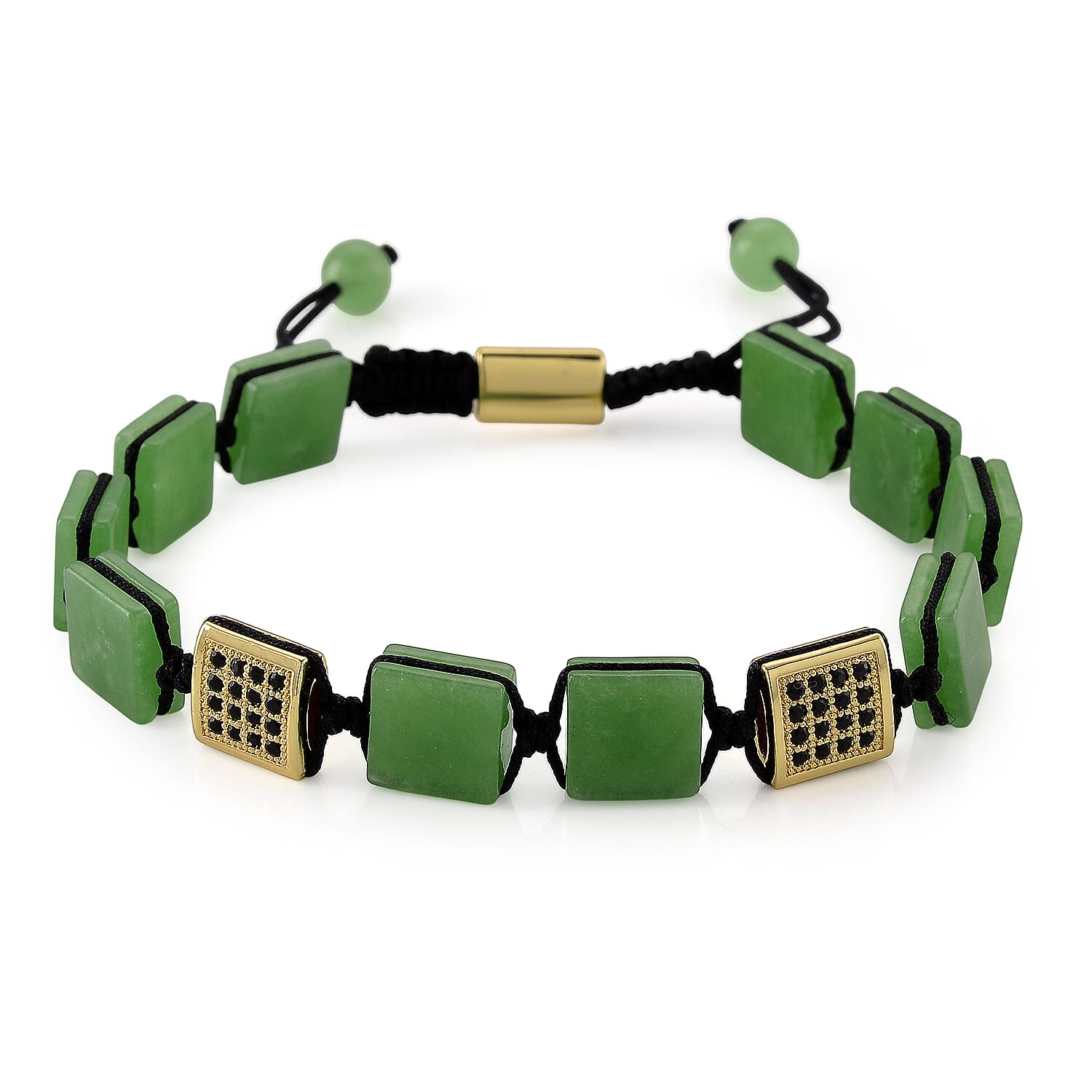 Enhanced Green Jade & Black Cubic Zirconia Adjustable Beads Bracelet 75.20 Ct.